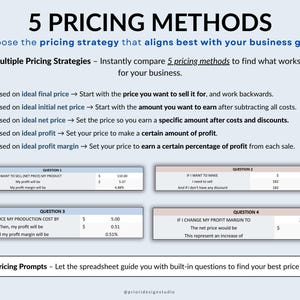 Digital Pricing Calculator template for Google Sheets and Excel. Track product costs, material inventory, and calculate prices automatically. Includes price list, simple setup, and automated calculations to help small business owners and creators set profitable prices and manage their pricing efficiently.
