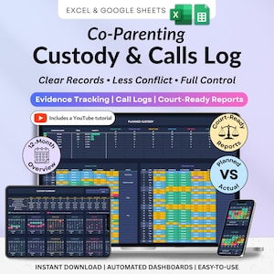 May include: A digital co-parenting custody and calls log displayed on a laptop, tablet, and smartphone. The interface shows a calendar and data tracking. Text includes "Clear Records," "Less Conflict," and "Full Control."