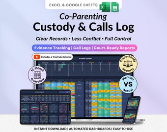 Co Parenting Custody Tracker Excel Visitation Tracker Google Sheets Custody Calendar Call Tracker Parenting Time Court Evidence Template