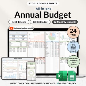 Puede incluir: Una hoja de cálculo de presupuesto anual digital para Excel y Google Sheets, que se muestra en una computadora portátil, tableta y teléfono. Incluye un rastreador de deudas, calendario de facturas, 12 presupuestos mensuales y 24 pestañas. Incluye un tutorial de YouTube.