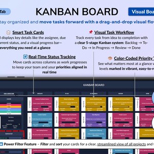 Dark mode project and task management spreadsheet for Google Sheets and Excel, featuring a Gantt chart, Kanban board, task scheduler, and smart filters. Easily manage multiple projects with recurring and one-time tasks, automated dashboards, and monthly and weekly calendar views. Includes a decision matrix, structured task tracking system, and built-in productivity planner. A powerful yet easy-to-use project management template designed to keep you organized and maximize productivity.