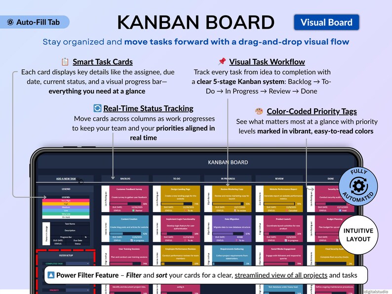 Dark mode project and task management spreadsheet for Google Sheets and Excel, featuring a Gantt chart, Kanban board, task scheduler, and smart filters. Easily manage multiple projects with recurring and one-time tasks, automated dashboards, and monthly and weekly calendar views. Includes a decision matrix, structured task tracking system, and built-in productivity planner. A powerful yet easy-to-use project management template designed to keep you organized and maximize productivity.
