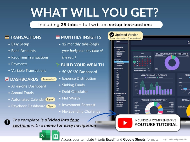 Ultimate Family & Couple Budget Spreadsheet for Google Sheets & Excel n Dark Mode. Track household expenses, recurring & variable transactions, bills, debts, and income. Includes dashboards, monthly tabs, wealth tools like 50/30/20, sinking funds, net worth, investments, and no-spending challenge. Perfect for managing family finances, kids’ costs, and planning monthly and yearly budgets.