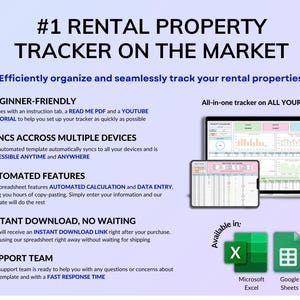 Rental Property Tracker spreadsheet for landlords managing multi property and long-term rental portfolios in dark mode. Track income and expense, profit, mileage, maintenance and rent payments for up to 50 properties over multiple years. Includes automated tenant ledger sheet, lease tracker, booking calendar, and dashboards for property analysis with monthly, annual and 5-year reports. All-in-one rental bookkeeping and real estate finances template to monitor cash flow and performance.