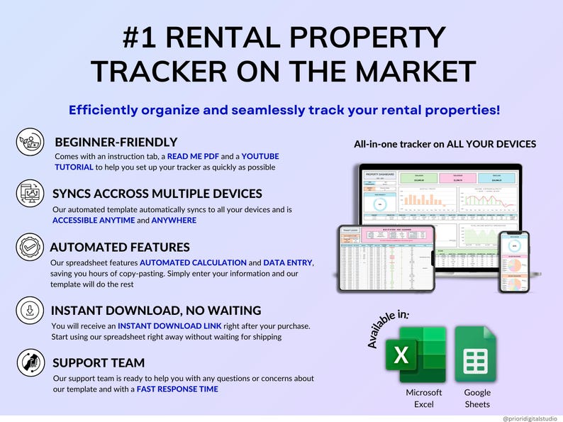Rental Property Tracker spreadsheet for landlords managing multi property and long-term rental portfolios in dark mode. Track income and expense, profit, mileage, maintenance and rent payments for up to 50 properties over multiple years. Includes automated tenant ledger sheet, lease tracker, booking calendar, and dashboards for property analysis with monthly, annual and 5-year reports. All-in-one rental bookkeeping and real estate finances template to monitor cash flow and performance.