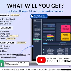 Dark mode project and task management spreadsheet for Google Sheets and Excel, featuring a Gantt chart, Kanban board, task scheduler, and smart filters. Easily manage multiple projects with recurring and one-time tasks, automated dashboards, and monthly and weekly calendar views. Includes a decision matrix, structured task tracking system, and built-in productivity planner. A powerful yet easy-to-use project management template designed to keep you organized and maximize productivity.