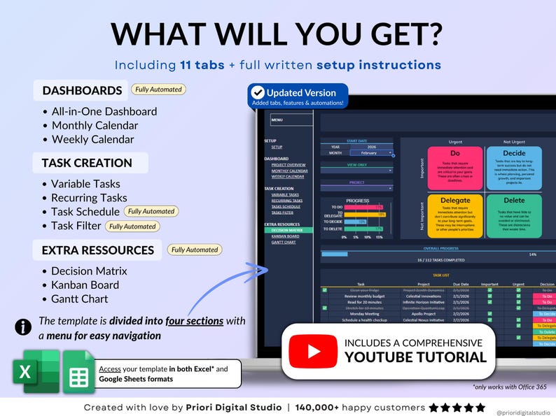 Dark mode project and task management spreadsheet for Google Sheets and Excel, featuring a Gantt chart, Kanban board, task scheduler, and smart filters. Easily manage multiple projects with recurring and one-time tasks, automated dashboards, and monthly and weekly calendar views. Includes a decision matrix, structured task tracking system, and built-in productivity planner. A powerful yet easy-to-use project management template designed to keep you organized and maximize productivity.