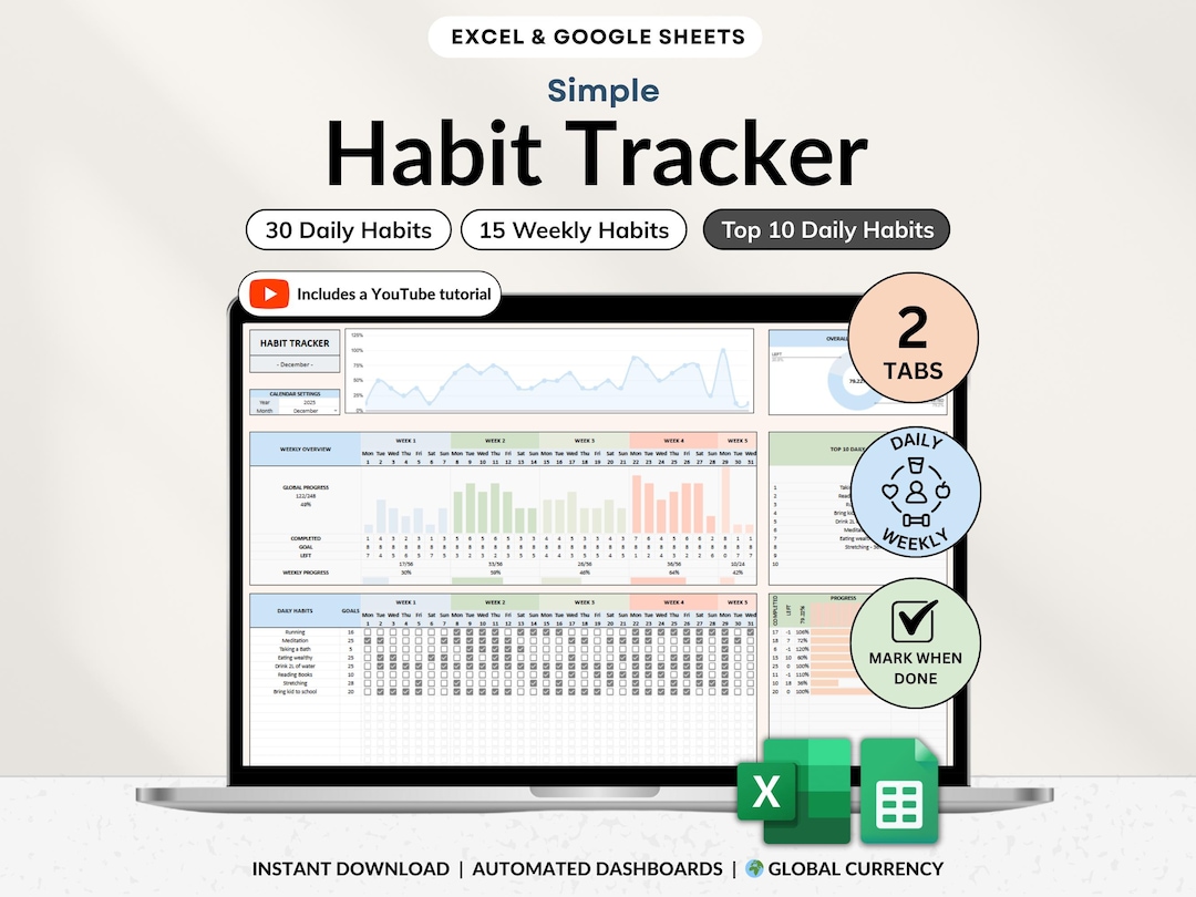 Everyday Routine Dashboard Habit Tracker Spreadsheet Google Sheets Excel Daily Habit Planner ...