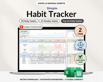 習慣トラッカースプレッドシート、Googleスプレッドシート、Excel、日次習慣プランナー、週次目標プランナー、デジタルルーティンダッシュボード、習慣ToDoリストテンプレート