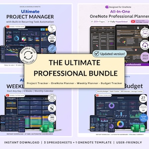 May include: The Ultimate Professional Bundle, a digital product with project management, OneNote planner, weekly planner, and budget tracker templates. Includes Excel and Google Sheets, OneNote template, and automated dashboards. Features include recurring task automation and instant download.