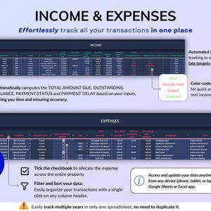 Rental Property Tracker spreadsheet for landlords managing multi property and long-term rental portfolios in dark mode. Track income and expense, profit, mileage, maintenance and rent payments for up to 50 properties over multiple years. Includes automated tenant ledger sheet, lease tracker, booking calendar, and dashboards for property analysis with monthly, annual and 5-year reports. All-in-one rental bookkeeping and real estate finances template to monitor cash flow and performance.