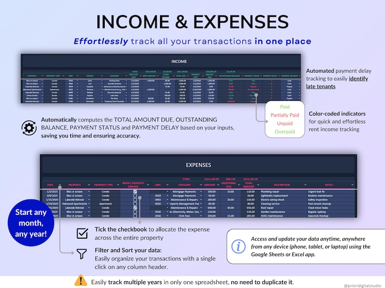 Rental Property Tracker spreadsheet for landlords managing multi property and long-term rental portfolios in dark mode. Track income and expense, profit, mileage, maintenance and rent payments for up to 50 properties over multiple years. Includes automated tenant ledger sheet, lease tracker, booking calendar, and dashboards for property analysis with monthly, annual and 5-year reports. All-in-one rental bookkeeping and real estate finances template to monitor cash flow and performance.