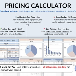 Digital Pricing Calculator template for Google Sheets and Excel. Track product costs, material inventory, and calculate prices automatically. Includes price list, simple setup, and automated calculations to help small business owners and creators set profitable prices and manage their pricing efficiently.