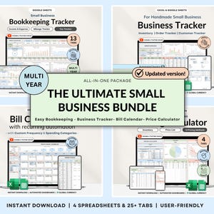 May include: A digital bundle for small businesses, including bookkeeping and business trackers. The image shows spreadsheets on tablets and phones, with labels such as "Income & Expense" and "Inventory." The bundle contains 4 spreadsheets and over 25 tabs, designed to be user-friendly.