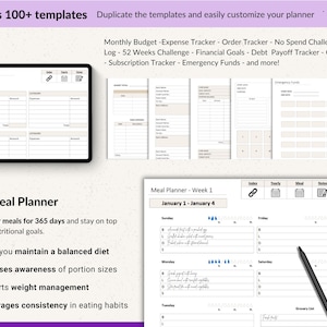 Digital planner with finance and meal planning templates. Includes a monthly budget, expense tracker, and daily meal planner. The planner helps track meals, maintain a balanced diet, and increase awareness of portion sizes. The image shows a tablet and several pages.