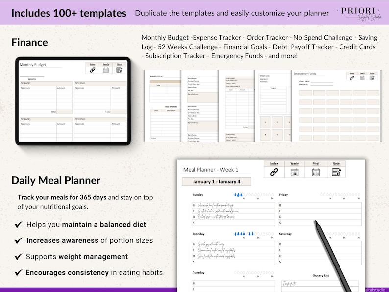 Digital planner with finance and meal planning templates. Includes a monthly budget, expense tracker, and daily meal planner. The planner helps track meals, maintain a balanced diet, and increase awareness of portion sizes. The image shows a tablet and several pages.