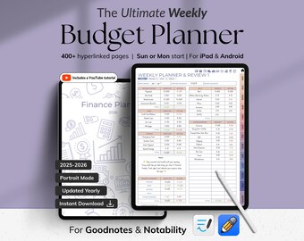 May include: Digital budget planner on two tablets. The text reads "The Ultimate Weekly Budget Planner" with features like 400+ hyperlinked pages and a YouTube tutorial. Includes finance planning for 2025-2026, portrait mode, and instant download.