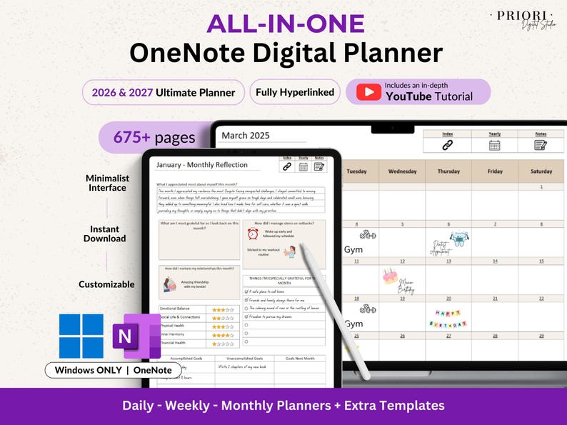 OneNote Planner 2026 2027 Digital OneNote Templates Hyperlinked Planner Daily Weekly Planner Organization Planner Professional OneNote 2026 2027