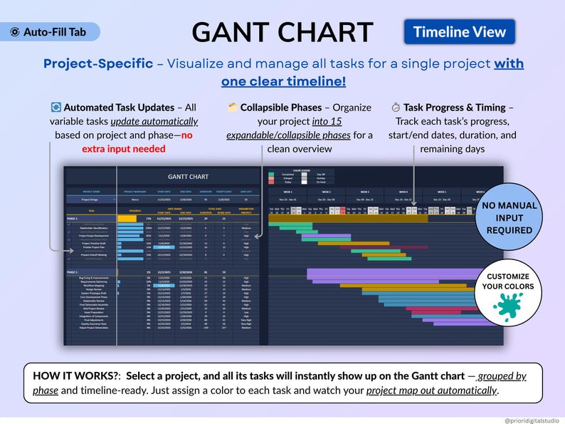 Dark mode project and task management spreadsheet for Google Sheets and Excel, featuring a Gantt chart, Kanban board, task scheduler, and smart filters. Easily manage multiple projects with recurring and one-time tasks, automated dashboards, and monthly and weekly calendar views. Includes a decision matrix, structured task tracking system, and built-in productivity planner. A powerful yet easy-to-use project management template designed to keep you organized and maximize productivity.