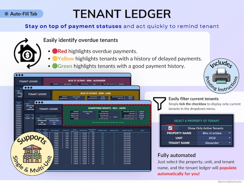 Rental Property Tracker spreadsheet for landlords managing multi property and long-term rental portfolios in dark mode. Track income and expense, profit, mileage, maintenance and rent payments for up to 50 properties over multiple years. Includes automated tenant ledger sheet, lease tracker, booking calendar, and dashboards for property analysis with monthly, annual and 5-year reports. All-in-one rental bookkeeping and real estate finances template to monitor cash flow and performance.