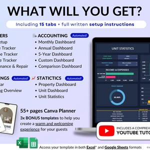 Airbnb Tracker spreadsheet for vacation rentals and short-term rental property management in dark mode. Track income, expenses, profits, occupancy, ADR, and cancellations for up to 50 properties. Includes landlord spreadsheet tools, rental bookkeeping, rental ledger, booking calendar, property dashboard, unit stats, and monthly, annual, 5-year, comparison, and custom dashboards. Ideal for multi property owners and real estate finance tracking.