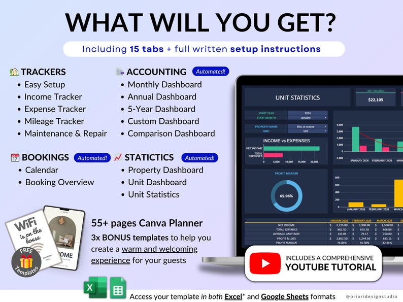 Airbnb Tracker spreadsheet for vacation rentals and short-term rental property management in dark mode. Track income, expenses, profits, occupancy, ADR, and cancellations for up to 50 properties. Includes landlord spreadsheet tools, rental bookkeeping, rental ledger, booking calendar, property dashboard, unit stats, and monthly, annual, 5-year, comparison, and custom dashboards. Ideal for multi property owners and real estate finance tracking.