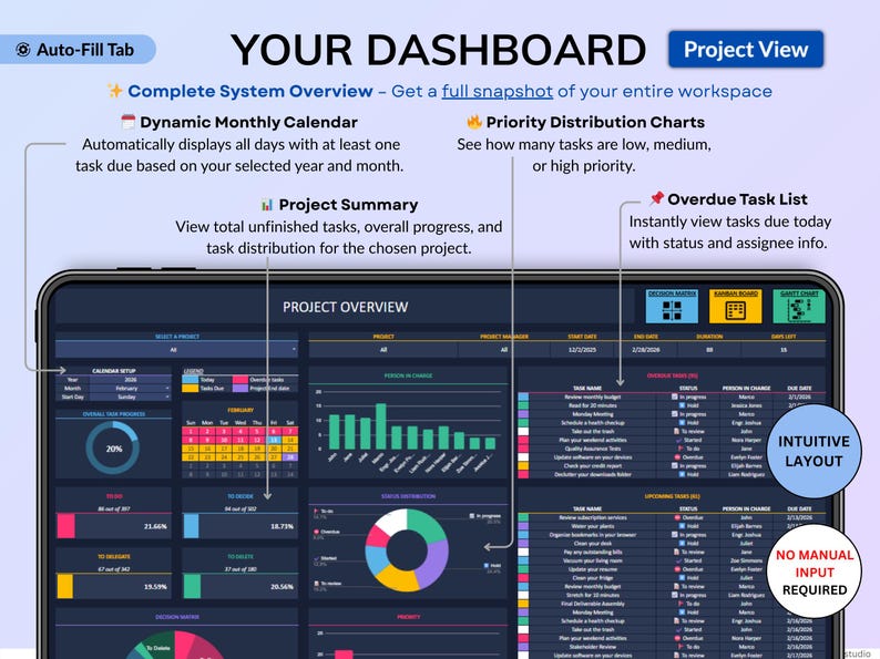 Dark mode project and task management spreadsheet for Google Sheets and Excel, featuring a Gantt chart, Kanban board, task scheduler, and smart filters. Easily manage multiple projects with recurring and one-time tasks, automated dashboards, and monthly and weekly calendar views. Includes a decision matrix, structured task tracking system, and built-in productivity planner. A powerful yet easy-to-use project management template designed to keep you organized and maximize productivity.