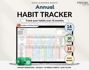 Annual Habit Tracker Spreadsheet for Google Sheets & Excel (Digital Download) Yearly Habit Tracker Daily Habit Planner Weekly Goal Planner