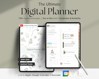 Puede incluir: Se muestran dos planificadores digitales, uno con un diseño floral y otro que muestra un horario diario. El texto dice "The Ultimate Digital Planner" con características como más de 700 páginas con hipervínculos y un tutorial de YouTube. El planificador incluye un calendario para octubre de 2025-2026.