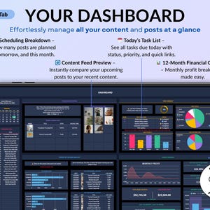 Dark mode social media planner spreadsheet featuring a monthly and weekly content calendar for digital creators. All-in-one content planner with brand identity setup, goals, dashboards, content planning, post scheduling, task tracking, hashtag strategy, influencer collaborations, and performance analytics. Designed for Instagram and TikTok content planning in Google Sheets and Excel.