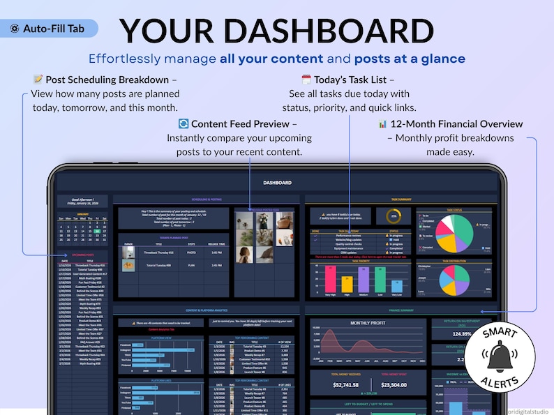 Dark mode social media planner spreadsheet featuring a monthly and weekly content calendar for digital creators. All-in-one content planner with brand identity setup, goals, dashboards, content planning, post scheduling, task tracking, hashtag strategy, influencer collaborations, and performance analytics. Designed for Instagram and TikTok content planning in Google Sheets and Excel.