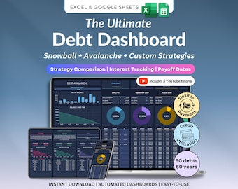 Debt Snowball Avalanche Calculator Spreadsheet Dark Mode Custom Debt Payoff Strategy Tracker Credit Card Loan Mortgage Excel & Google Sheets