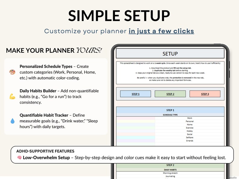 Weekly planner spreadsheet for Excel and Google Sheets to plan your week, organize tasks, track habits, and manage your schedule. Includes weekly time blocking, daily task tracker, to-do list, and productivity planner to stay focused and organized. Perfect for ADHD routines, planning deadlines, building habits, and creating productive weekly schedules in an easy editable planner template.