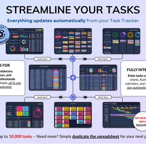Dark mode project and task management spreadsheet for Google Sheets and Excel, featuring a Gantt chart, Kanban board, task scheduler, and smart filters. Easily manage multiple projects with recurring and one-time tasks, automated dashboards, and monthly and weekly calendar views. Includes a decision matrix, structured task tracking system, and built-in productivity planner. A powerful yet easy-to-use project management template designed to keep you organized and maximize productivity.