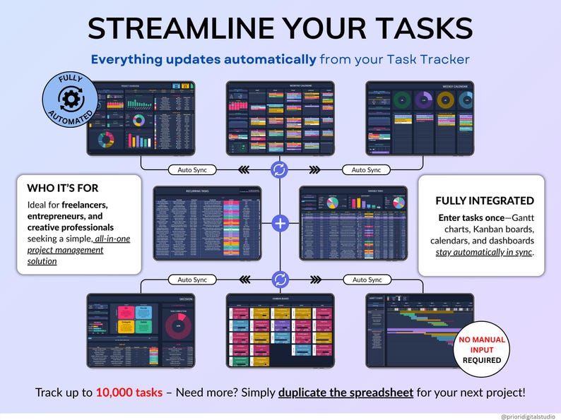 Dark mode project and task management spreadsheet for Google Sheets and Excel, featuring a Gantt chart, Kanban board, task scheduler, and smart filters. Easily manage multiple projects with recurring and one-time tasks, automated dashboards, and monthly and weekly calendar views. Includes a decision matrix, structured task tracking system, and built-in productivity planner. A powerful yet easy-to-use project management template designed to keep you organized and maximize productivity.
