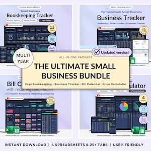 May include: The Ultimate Small Business Bundle, a digital product with four spreadsheets and over 25 tabs. Includes bookkeeping, business, and inventory trackers. Features a multi-year option and user-friendly design. Includes a YouTube tutorial.
