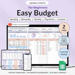 Puede incluir: Imagen de un producto digital que muestra una plantilla de presupuesto de Google Sheets para principiantes. El diseño incluye una computadora portátil, una tableta y un teléfono inteligente que muestran hojas de cálculo de presupuesto. El texto de la imagen dice "Easy Budget" e incluye opciones para presupuestos mensuales, quincenales, semanales, de nómina y personalizados.