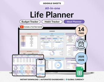 Life Planner Google Sheets Digital Meal Planner Budget Tracker Savings Tracker Task List Habit Tracker Productivity Goal Organizer Template