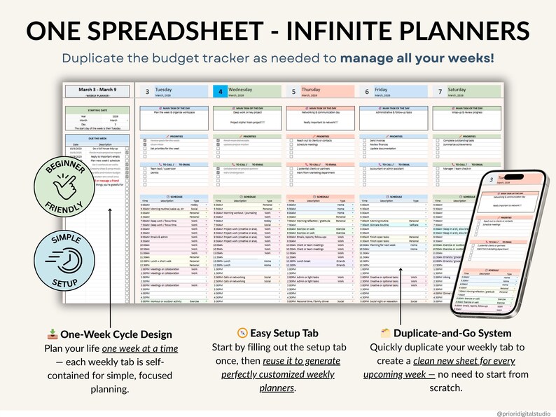 Weekly planner spreadsheet for Excel and Google Sheets to plan your week, organize tasks, track habits, and manage your schedule. Includes weekly time blocking, daily task tracker, to-do list, and productivity planner to stay focused and organized. Perfect for ADHD routines, planning deadlines, building habits, and creating productive weekly schedules in an easy editable planner template.