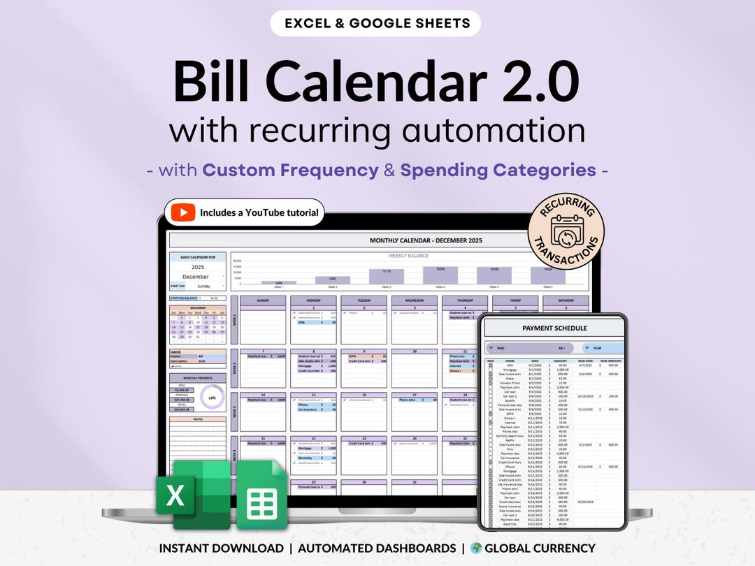 Bill Calendar and Bill Tracker Spreadsheet for Google Sheets & Excel ...