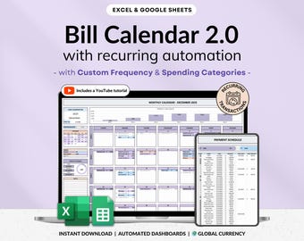 Calendario de facturas y hoja de cálculo de seguimiento de facturas para Google Sheets y Excel Planificador de facturas mensuales Seguimiento de pagos Presupuesto Organizador de finanzas personales