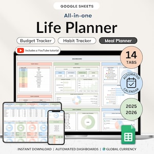 Life Planner Digital Google Sheets Meal Planner Budget Tracker Savings Tracker To Do List Habit Tracker Productivity Goal Organizer Template