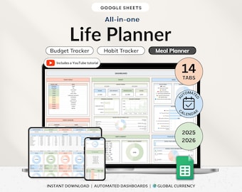 Life Planner Digital Google Sheets Meal Planner Budget Tracker Savings Tracker To Do List Habit Tracker Productivity Goal Organizer Template