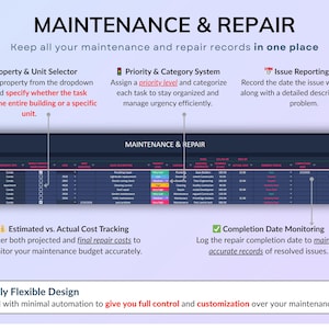 Rental Property Tracker spreadsheet for landlords managing multi property and long-term rental portfolios in dark mode. Track income and expense, profit, mileage, maintenance and rent payments for up to 50 properties over multiple years. Includes automated tenant ledger sheet, lease tracker, booking calendar, and dashboards for property analysis with monthly, annual and 5-year reports. All-in-one rental bookkeeping and real estate finances template to monitor cash flow and performance.