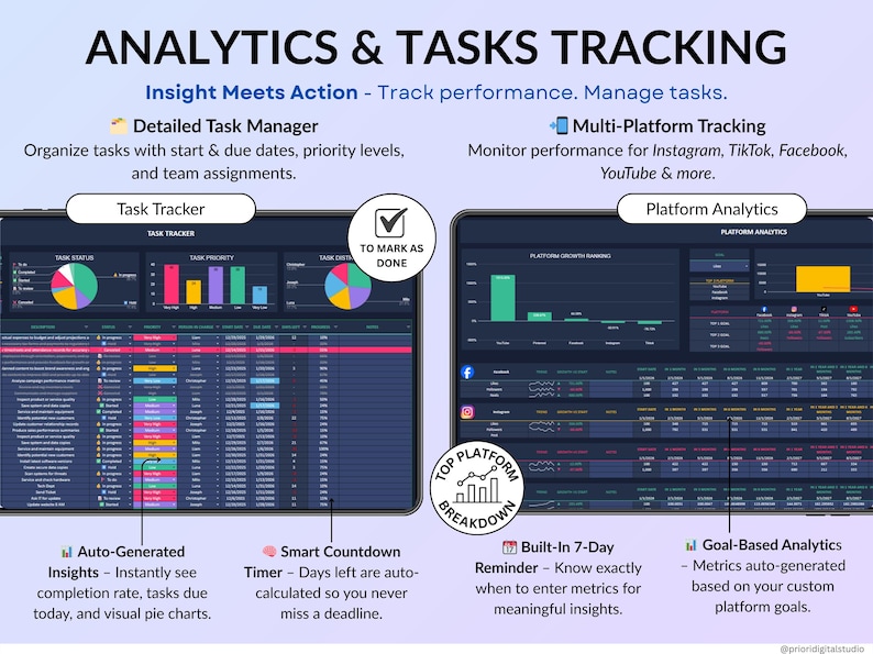 Dark mode social media planner spreadsheet featuring a monthly and weekly content calendar for digital creators. All-in-one content planner with brand identity setup, goals, dashboards, content planning, post scheduling, task tracking, hashtag strategy, influencer collaborations, and performance analytics. Designed for Instagram and TikTok content planning in Google Sheets and Excel.