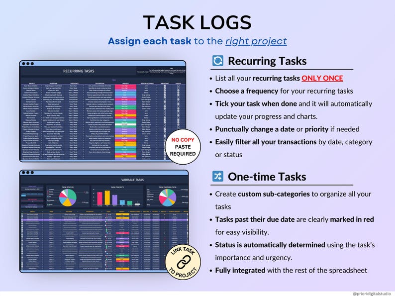 Dark mode project and task management spreadsheet for Google Sheets and Excel, featuring a Gantt chart, Kanban board, task scheduler, and smart filters. Easily manage multiple projects with recurring and one-time tasks, automated dashboards, and monthly and weekly calendar views. Includes a decision matrix, structured task tracking system, and built-in productivity planner. A powerful yet easy-to-use project management template designed to keep you organized and maximize productivity.