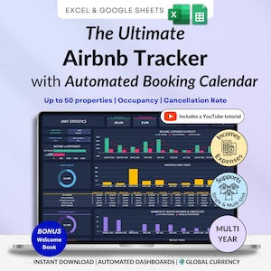 以下が含まれることがあります： 自動予約カレンダー付きのAirbnbトラッカーが表示されたラップトップの画面。画面には「The Ultimate Airbnb Tracker」というテキストが表示されたグラフが表示されています。追加のテキストには、「Up to 50 properties」、「Occupancy」、「Cancellation Rate」が含まれています。