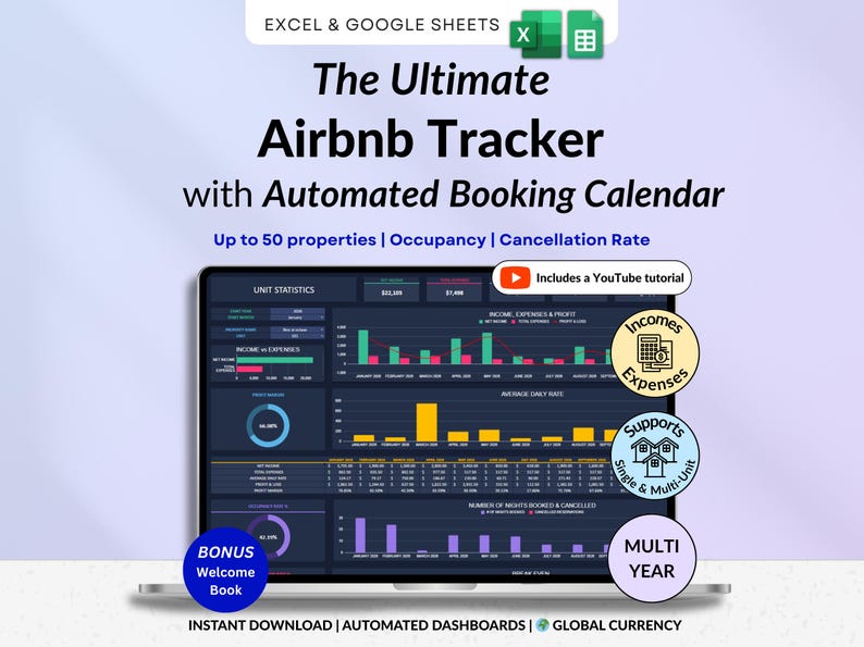 Airbnb Tracker spreadsheet for vacation rentals and short-term rental property management in dark mode. Track income, expenses, profits, occupancy, ADR, and cancellations for up to 50 properties. Includes landlord spreadsheet tools, rental bookkeeping, rental ledger, booking calendar, property dashboard, unit stats, and monthly, annual, 5-year, comparison, and custom dashboards. Ideal for multi property owners and real estate finance tracking.