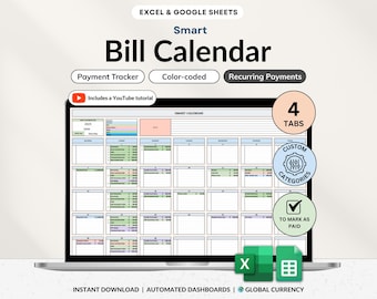 Bill Calendar 2025 2026 Bill Tracker Spreadsheet for Google Sheets and Excel Monthly Smart Bill Planner Editable Personal Finance Organizer