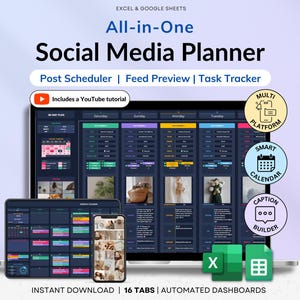 Könnte beinhalten: Ein digitaler Social-Media-Planer, der auf einem Laptop, Tablet und Smartphone angezeigt wird. Der Planer umfasst die Planung von Beiträgen, eine Feed-Vorschau und einen Task-Tracker. Das Bild zeigt auch Symbole für Multi-Plattform, Smart Calendar und Caption Builder.